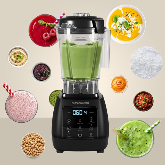 KitchenBrothers 2-in-1 Power Blender - 1600W - 2L - Komplettset mit Zerkleinerer und To-go Cup - Smoothie Maker - Ice Crusher - Schwarz