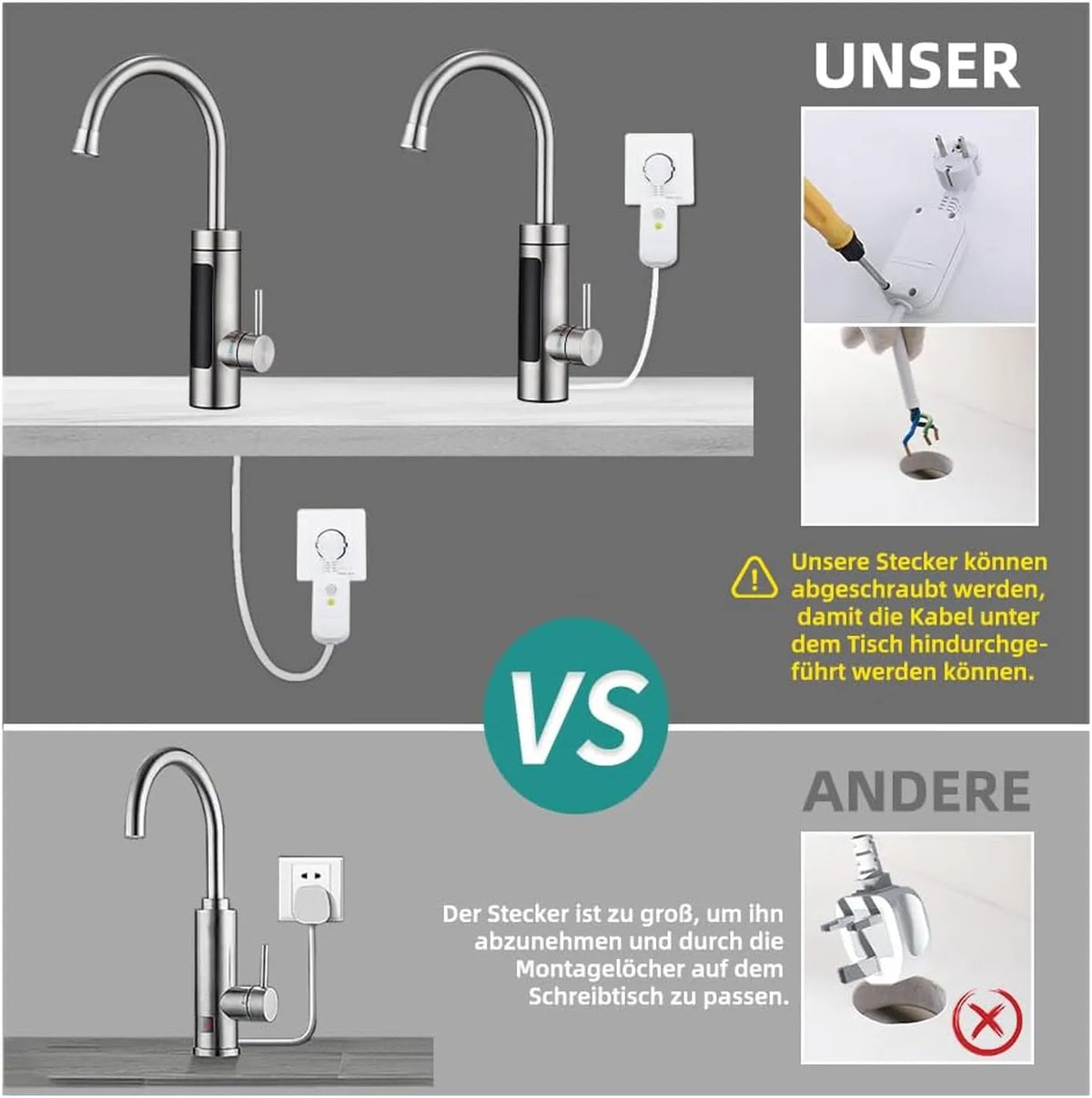 HOMELODY Elektrischer Küchenwasserhahn mit Durchlauferhitzer – 3000 W – 230 V – LED-Anzeige – Edelstahl – gebürstetes Silber