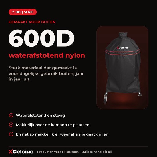XCelsius® Kamado-Grill-Schutzhülle Large (L) 20–22 Zoll – Wasserabweisende 600D-Schutzhülle für Kamado-Grill – Mit verstellbaren Riemen – Schwarz mit Rot