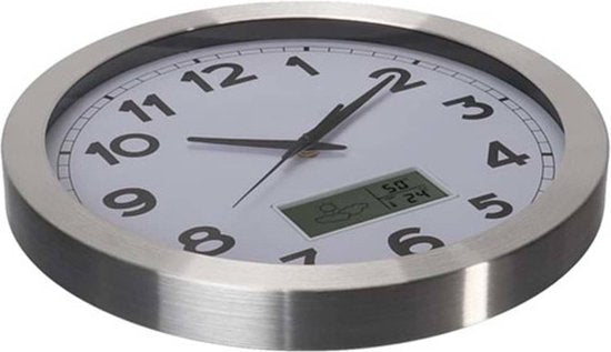 Perel Wanduhr, rund, analog, 35 cm, LCD-Display mit Thermometer, Hygrometer und Wettervorhersage, Aluminium, silber