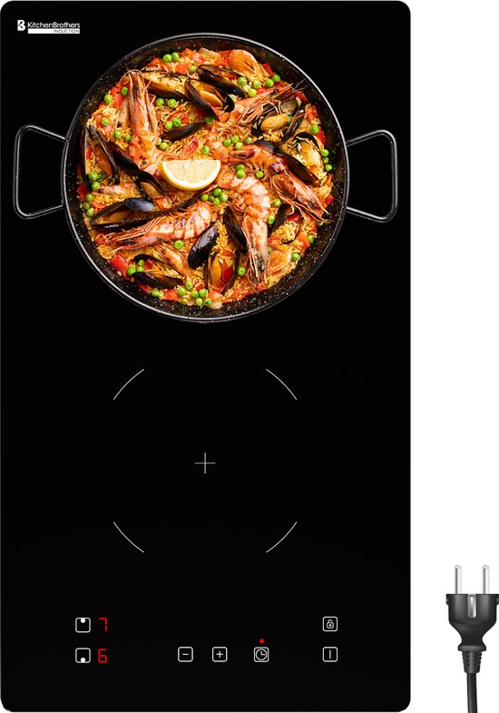 KitchenBrothers Induktionskochfeld - Eingebautes Induktionskochfeld - 30 cm - 2 Zonen - 1 Phase - bis zu 3300W - Schwarz