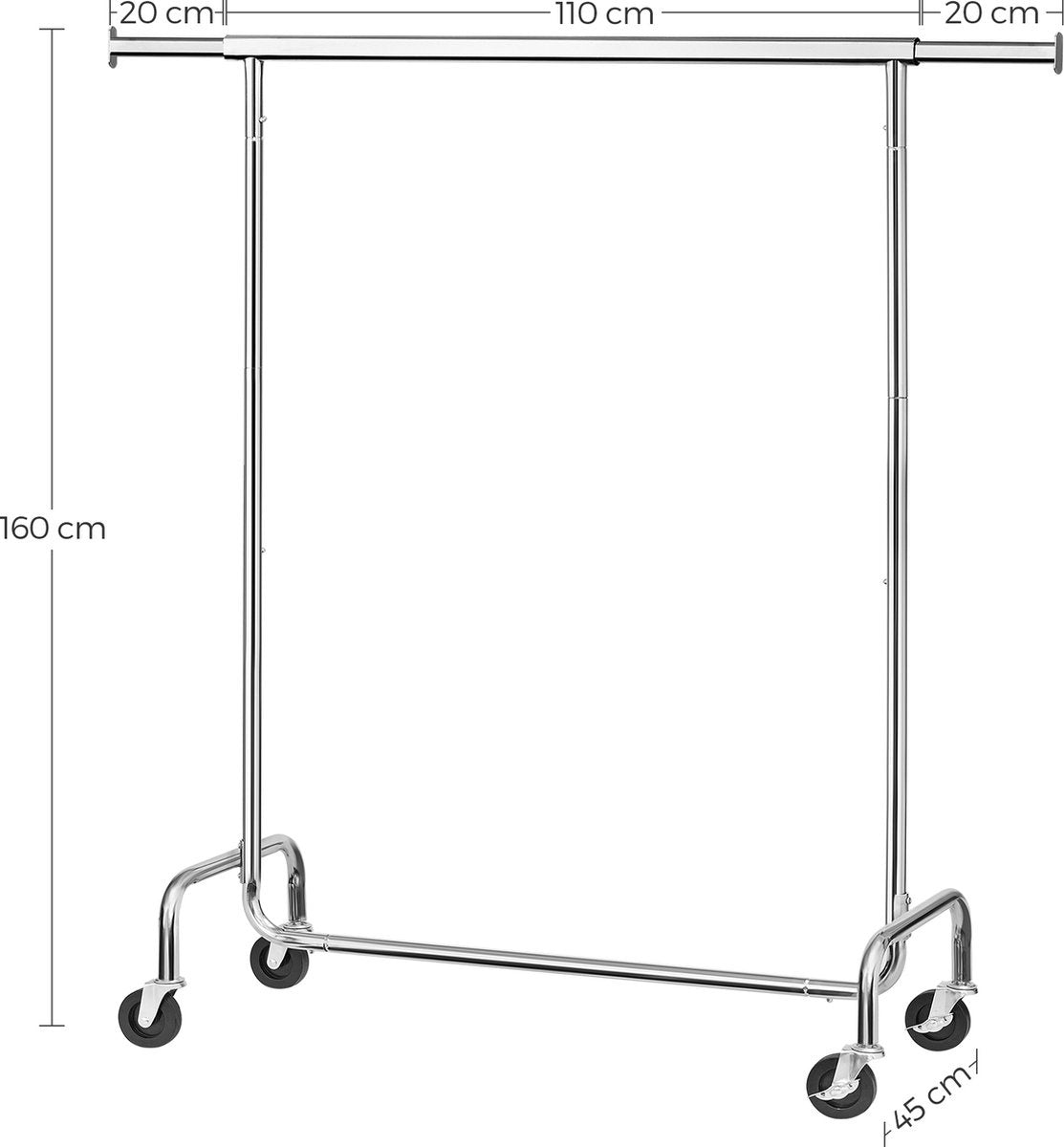 O'DADDYÂ® Kleiderständer auf Rädern - Kleiderständer - Verstellbare Kleiderstange - Ausziehbare Kleiderstange - Verstellbare Hängestange - Stabil bis zu 130 kg - Silber