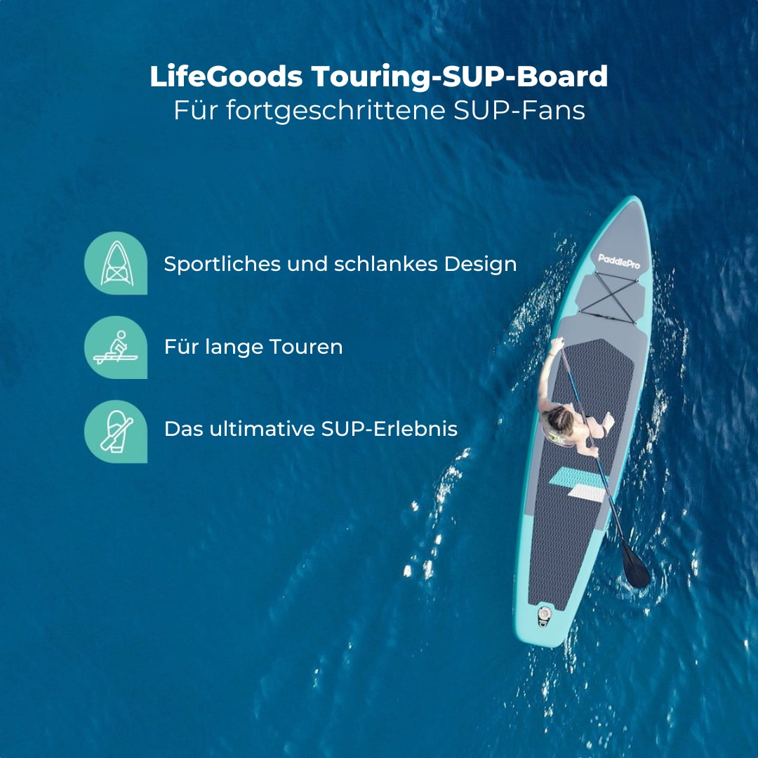 LifeGoods SUP Board Touring - 165 KG Belastbarkeit - Aufblasbar - Komplettes Sup Paket - Türkis