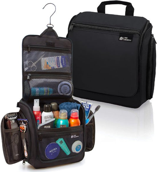 D&D Wanderlust Kulturbeutel mit Haken – Aufhängbarer, luxuriöser Reise-Organizer mit 10 Fächern – Schwarz – Unisex für Damen und Herren – 6 Liter Fassungsvermögen – Großer, hängender Reise-Kulturbeutel – Kosmetiktasche