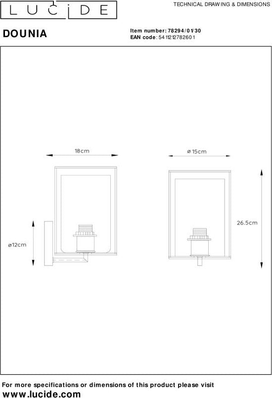 Lucide DOUNIA Wandleuchte – Ø 15 cm – E27 – Schwarz