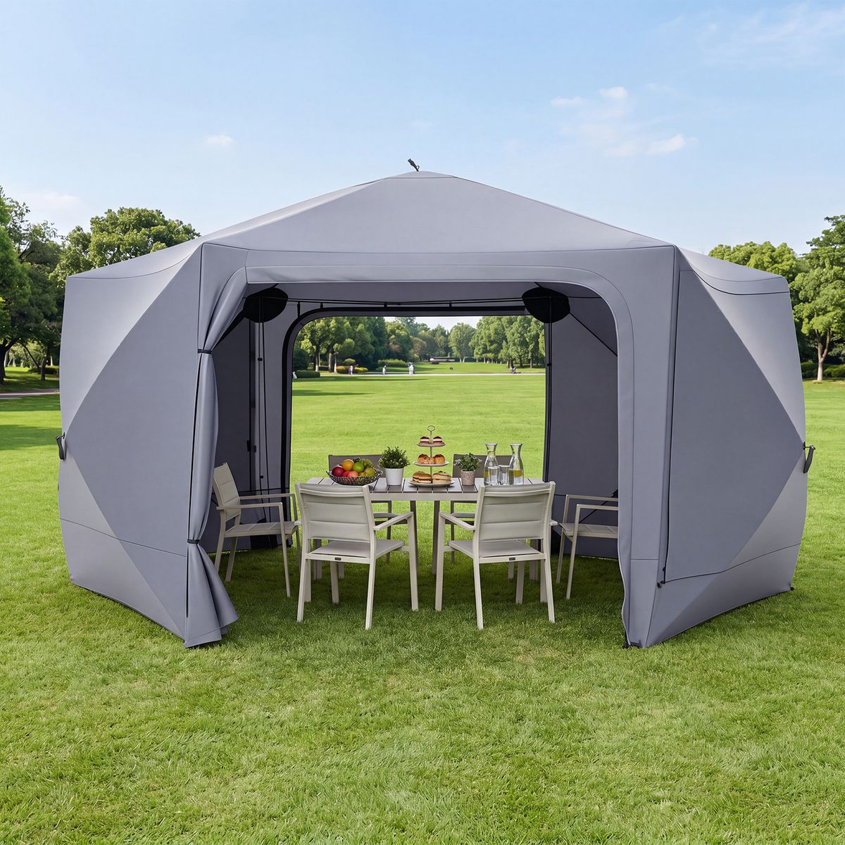 Coast Pop-up-Gartenpavillon – sechseckig – mit 6 Seitenwänden und Moskitonetzen – grau 427 x 427 cm