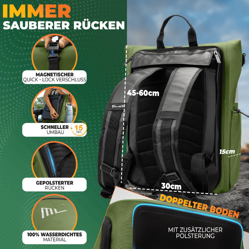 MiVelo EVO Fahrradtasche/Rucksack – 25 l – 100 % wasserdicht – 3-in-1 – Laptopfach – 60 x 30 x 15 cm