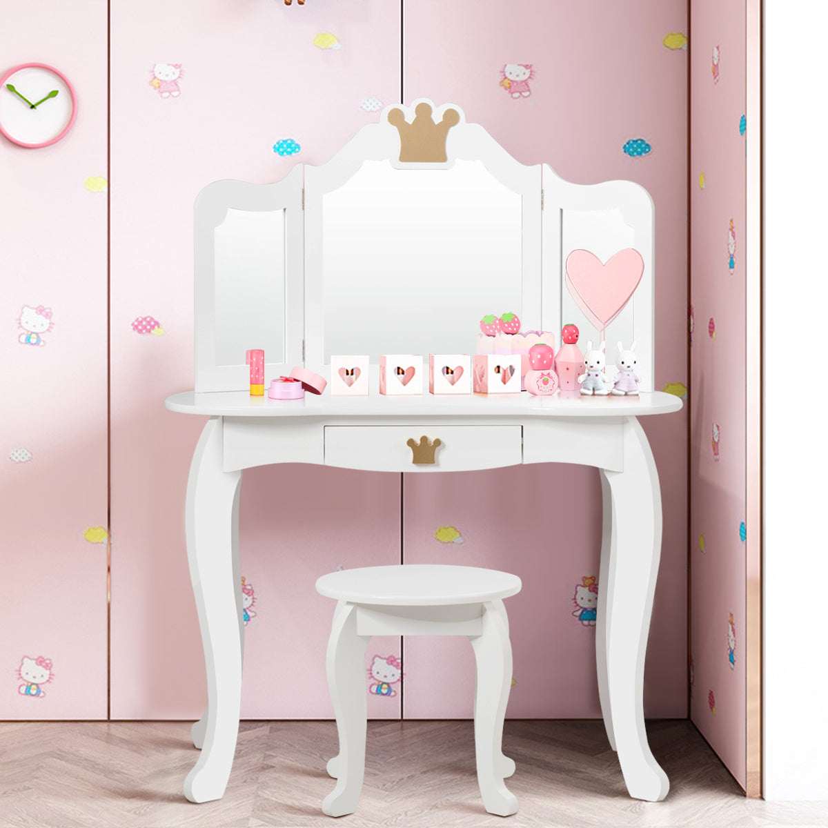 Coast 2 in 1 Friseurtisch Set Kinder Frisiertisch Mädchen Frisiertisch Holz Spiegeltisch weiß 80x42x105cm
