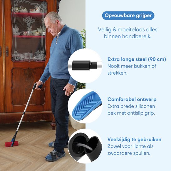 Safe Age® Greifer für Senioren – Müllgreifer – Extra lang 90 cm – Zusammenklappbar – mit um 360° drehbarem Kopf und Magnet