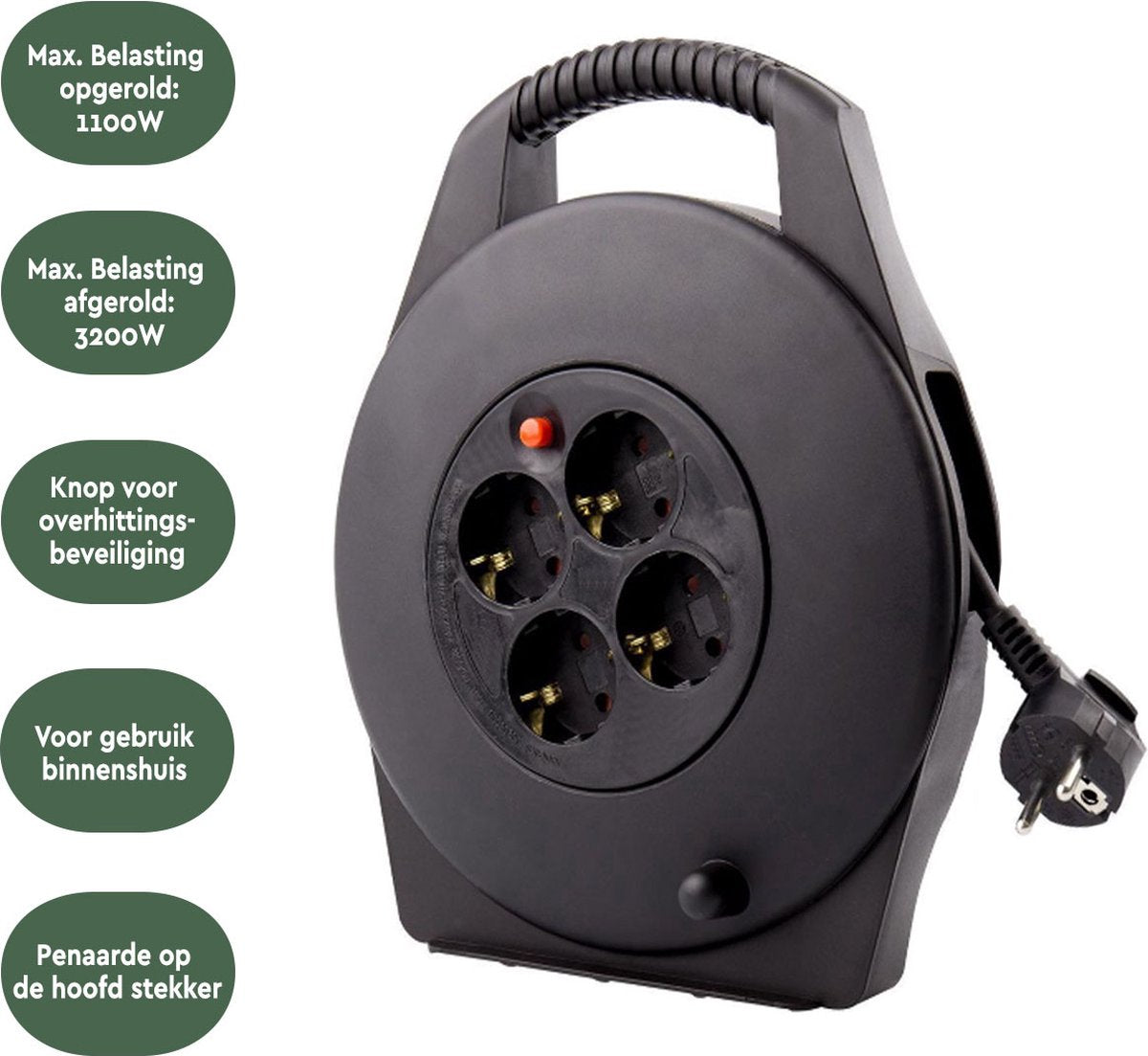 BRASQ Kabeltrommel - 4-fach - Schwarz - 15 Meter - Trommelverlängerungskabel - Verlängerungskabel - Mit Erdung - Innenbereich