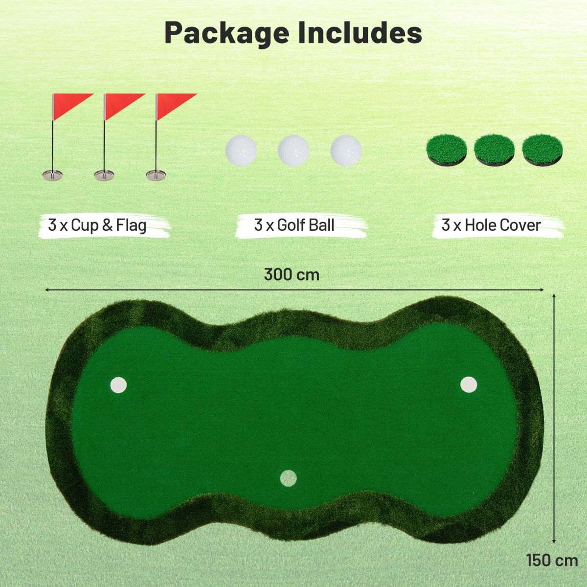 Coast Golf-Puttingmatte – 3 Löcher – inklusive Golfbälle und Flaggen – 300 x 150 cm – grün