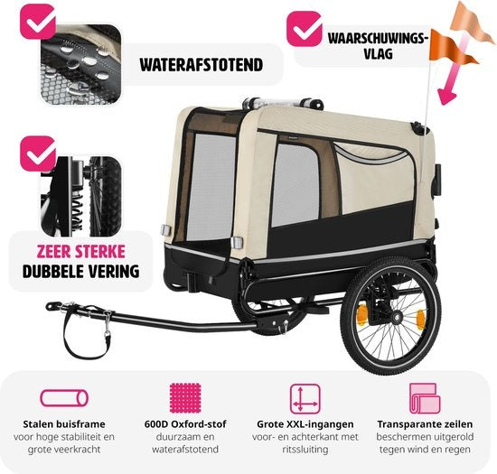 tectake - Dog WoofRider Fahrradanhänger - beige - zusammenklappbar, bis zu 40 kg - Hundebuggy Hundekinderwagen - 404945