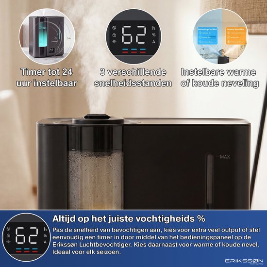 Erikssøn Luftbefeuchter Elite – 8 Liter – Geeignet für Wohnzimmer, Büro, Schlafzimmer, Babyzimmer – Luftbefeuchter – Mit Aromatherapie – Schwarz