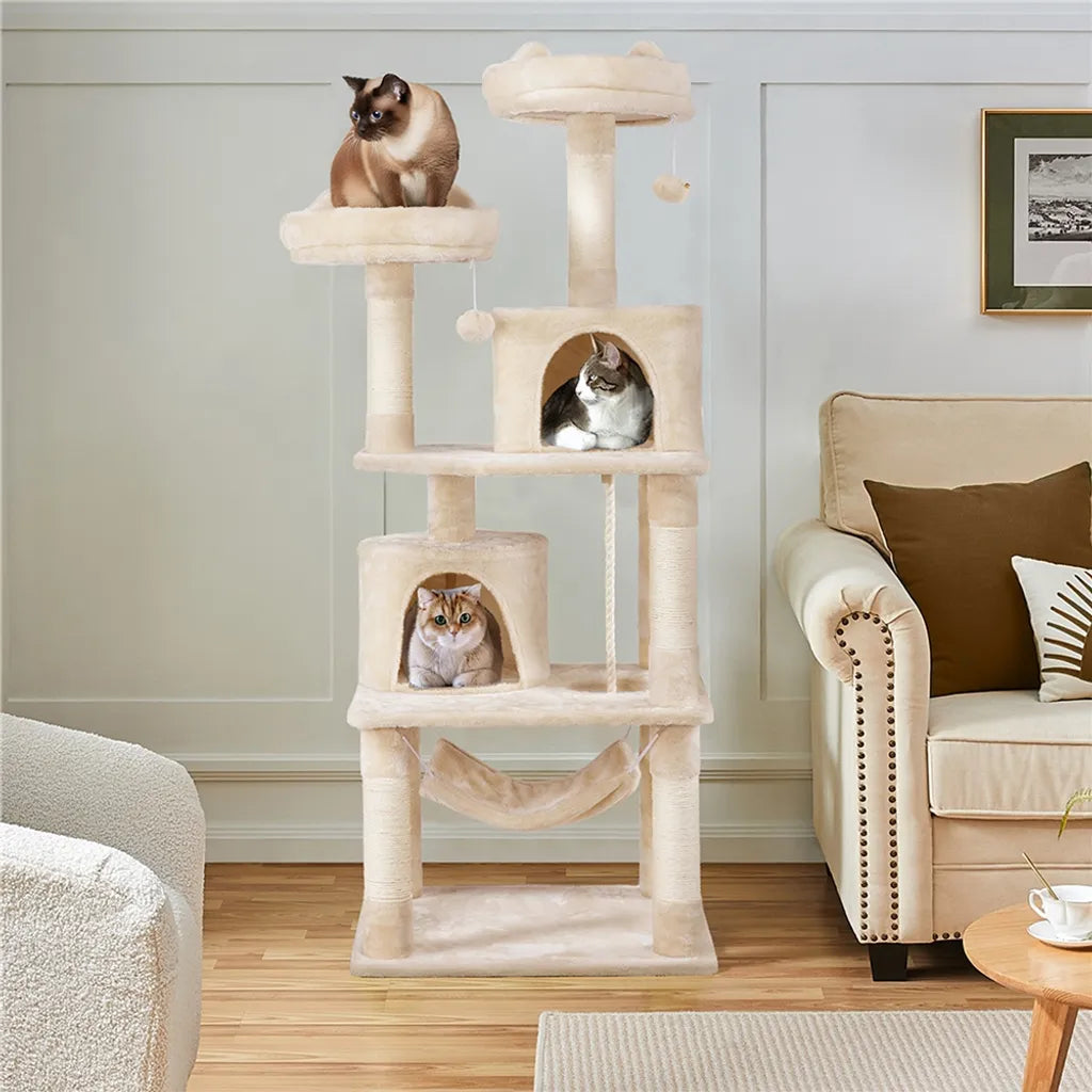 Yaheetech Kratzbaum Beige - 158 cm hoch - Mit 2 Plattformen, 2 Katzenhäusern und 5 Sisal-Kratzbäumen