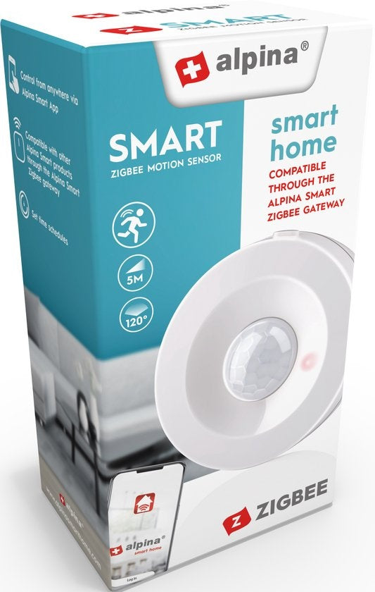 alpina Smart Home - Bewegungssensor - 3V - Bewegungsmelder für Innenräume - 5M Erkennung - Zigbee Gateway - alpina Smart Home App