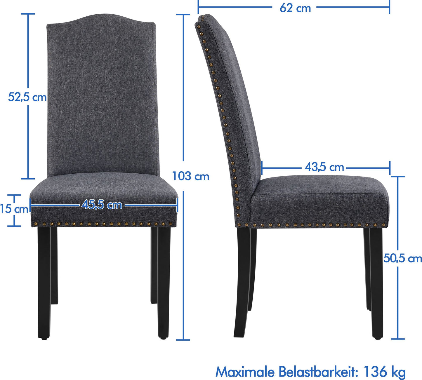 Yaheetech Esszimmerstühle, 2er-Set – Küchenstuhl mit hoher Rückenlehne – Beine aus Massivholz – 45,5 x 62 x 103 cm – Dunkelgrau