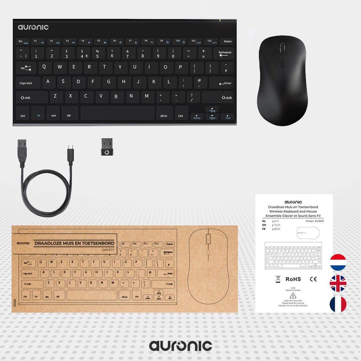 Auronic Wireless Tastatur und Maus - QWERTY - Schwarz