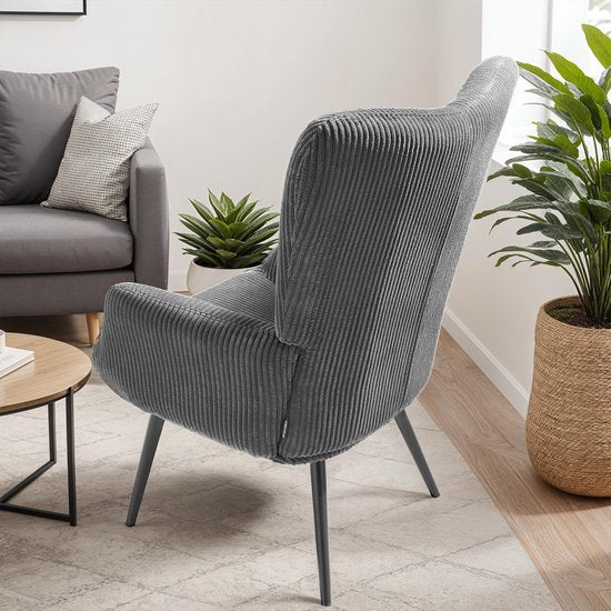 tectake Ohrensessel im skandinavischen Stil - Cord Hygge - Sessel für Wohnzimmer, Schlafzimmer - Loungesessel - Schwarze Metallbeine - Belastbarkeit bis 150 kg - Grau