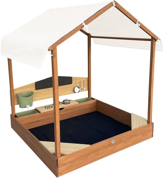 AXI Meli Sandkasten & Spielhaus 120 x 120 cm mit Spielküche – Braun – Mit Dach – FSC-Holz – Mit Kreidetafel, Wassertank und 6-teiligem Spielzeug-Kochset – Mit 2 Bänken - Inklusive Bodenplane – 10 Jahre Garantie