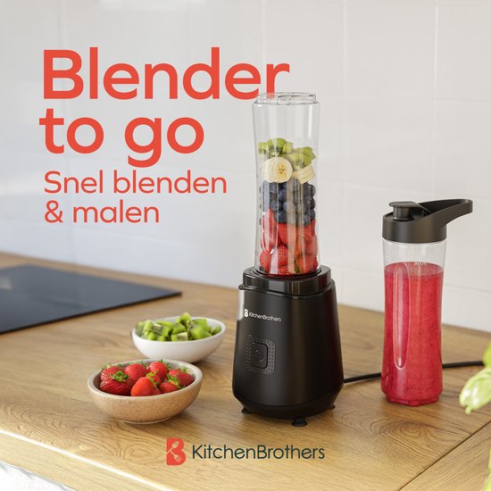 KitchenBrothers Mini Mixer - Mixer zum Mitnehmen - Smoothie Maker - 2 To-Go Becher 600 ml - Schwarz