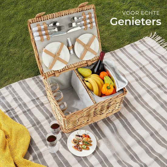 tectake - komplettes Picknickkorb-Set Terschelling - Luxuriöses 21-teiliges Picknick-Set für 2 Personen - Picknickkorb aus Weidengeflecht - Inklusive Kühlbox, Set mit Tellern, Weingläsern aus Kunststoff und Besteck aus Edelstahl