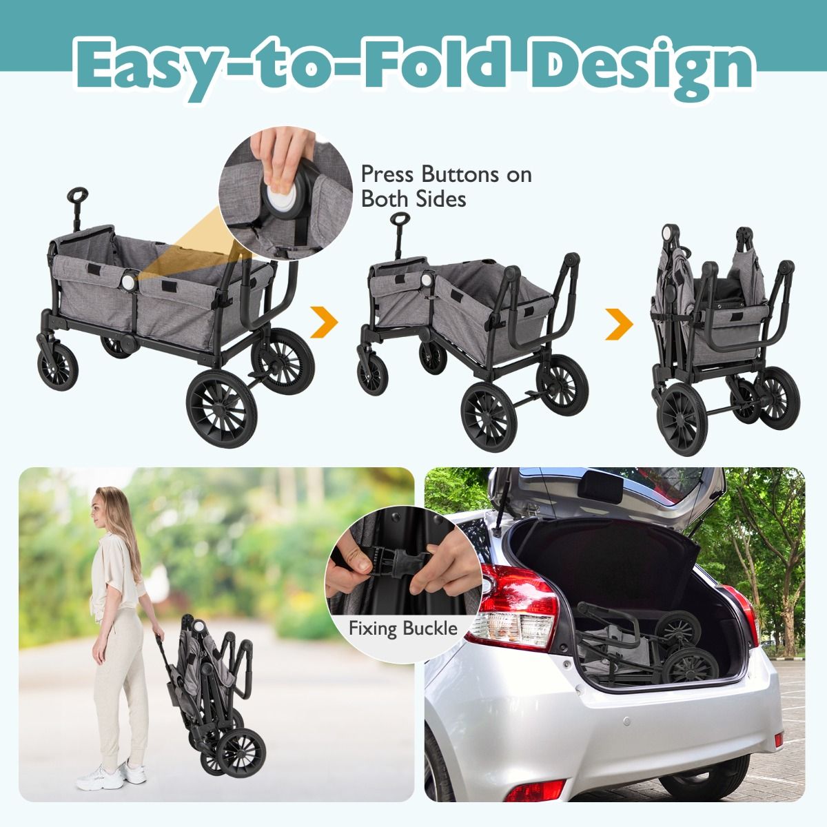 Coast 2-in-1 faltbarer Geschwisterwagen - Grau - 104 x 57 x 107 cm - Verstellbarer Griff & abnehmbares Verdeck