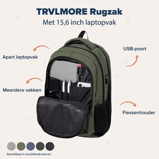 TRVLMORE Rucksack - 28L - 15.6 Zoll - Laptop-Rucksack - Schultasche - Unisex - Spritzwassergeschützt Grün