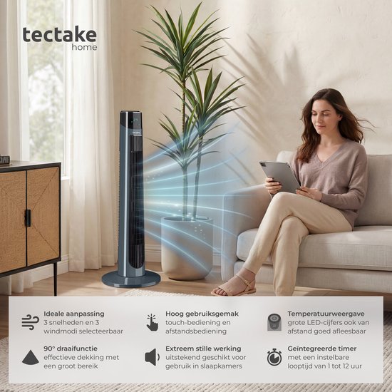 tectake® Turmventilator Arktis – Großer Standventilator mit Fernbedienung – 3 Stufen – Timer – 90°-Schwenkfunktion – Oszillierend – Lüfterflügel – Säulenventilator – Anthrazit