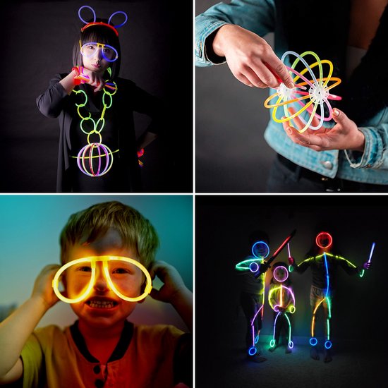 Partizzle 300 Stück Glow in the Dark Sticks - Extra Thick - Incl. Glowsticks Connectors - Breaking Sticks - Neon Karneval Party Artikel - Geburtstag Neujahr Party Dekorationen - 7 Farben