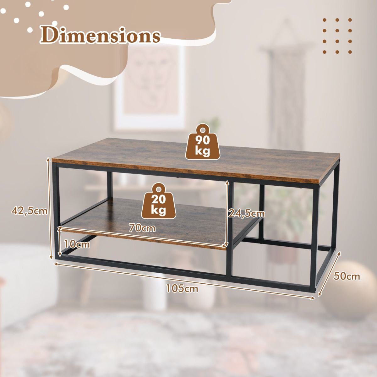 Coast Couchtisch – rechteckig – 2-stöckiger Stauraum – rustikales Braun und Schwarz – 105 x 50 x 42,5 cm
