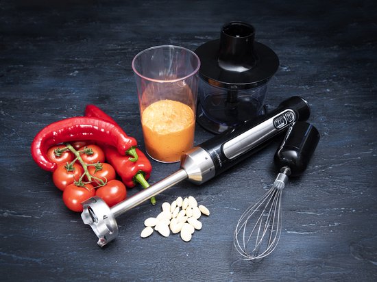 Gastronoma Stabmixer-Set – Kabellos und wiederaufladbar – 100 W – Zerkleinerer, Schneebesen und Messbecher – 18210002 – Schwarz, Edelstahl