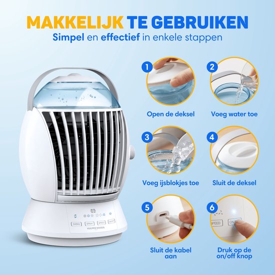Vulpes Goods® Tech – Mini-Klimaanlage ELITE – Mobiler Luftkühler mit Fernbedienung – 6-in-1-Luftkühler – 3 Luftbefeuchtungsstufen mit Schwenkfunktion – 3 Windgeschwindigkeiten – 100 % auslaufsicher – Inkl. Kabel und Adapter im Lieferumfang enthalten – Für