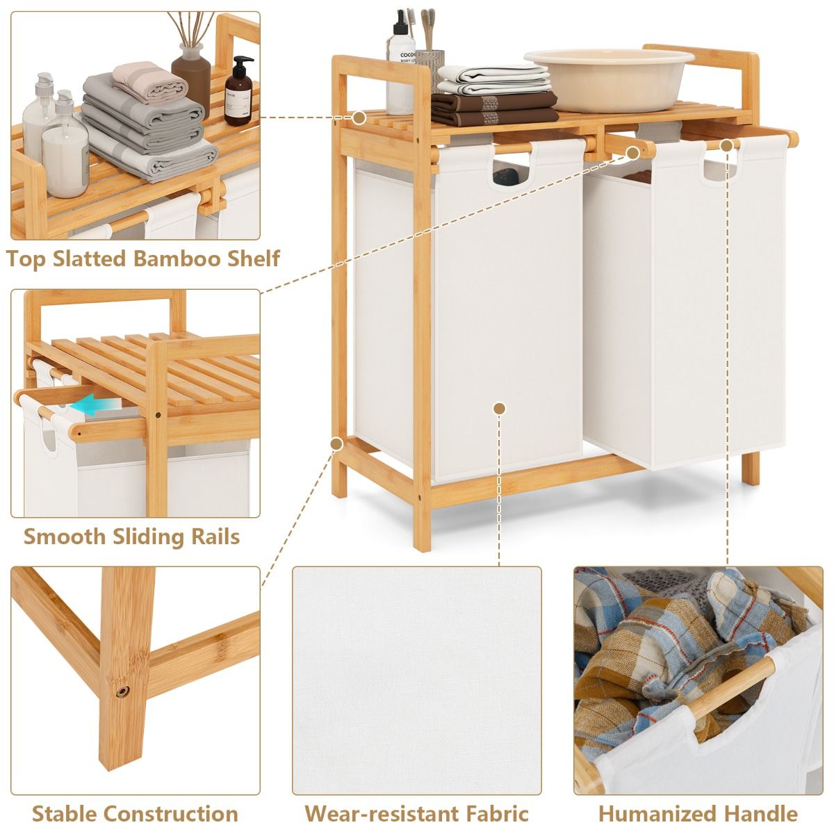 Coast Bambus-Wäschekorb 2-teilig 64x33x73cm mit zwei herausnehmbaren Wäschesäcken, oberes Regal, Natur/Weiß