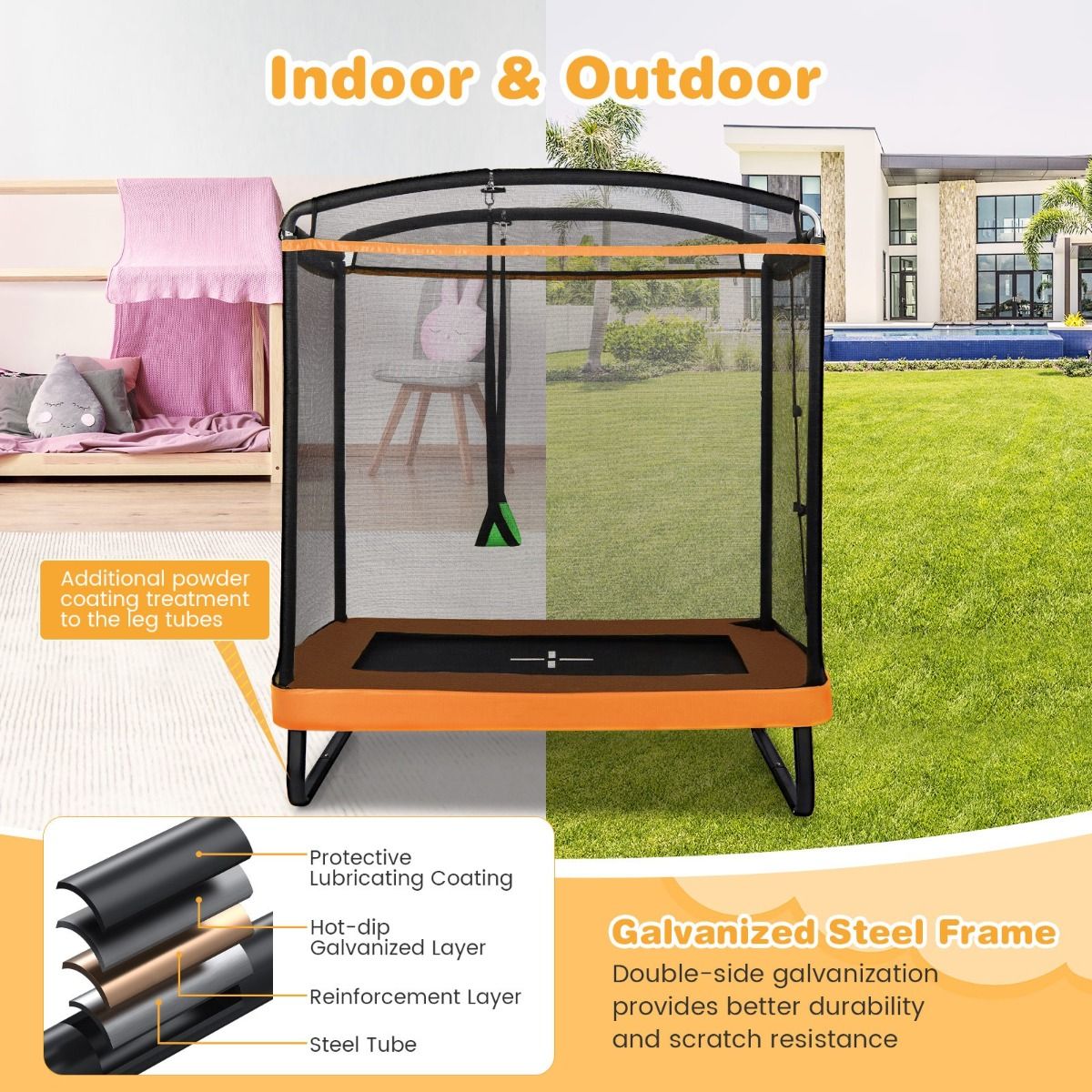 Coast 2-in-1 Kindertrampolin mit Schaukel und Sicherheitsnetz - Schwarz/Orange - 190x122 cm