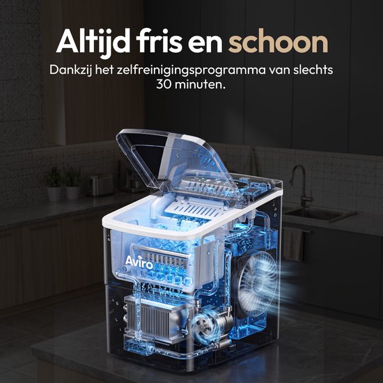 Aviro Eiswürfelmaschine XL – 2 l – Mit Eislöffel – Eiswürfelbereiter – 16 kg / 24 Std. – Selbstreinigungsfunktion – Schwarz