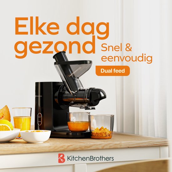 KitchenBrothers Slowjuicer - Entsafter - Gemüse- und Obstpresse - 43 mm und 60 mm Einfüllöffnung - 400 ml - Schwarz