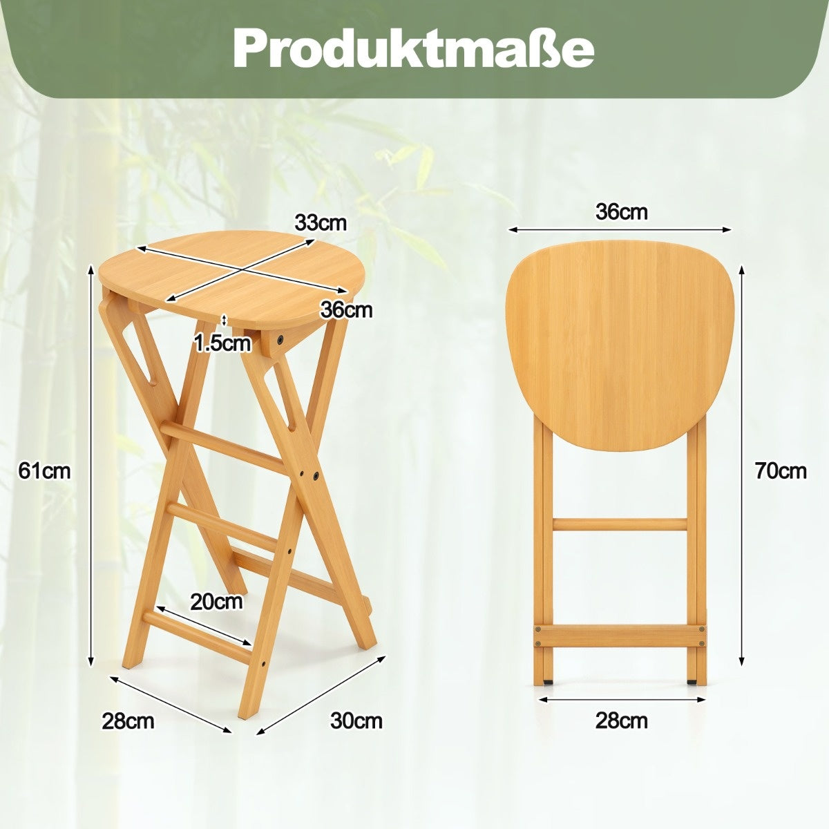 Coast 2 Set klappbarer Barhocker aus Bambus mit Fußstütze Stuhlhöhe 61 cm natur