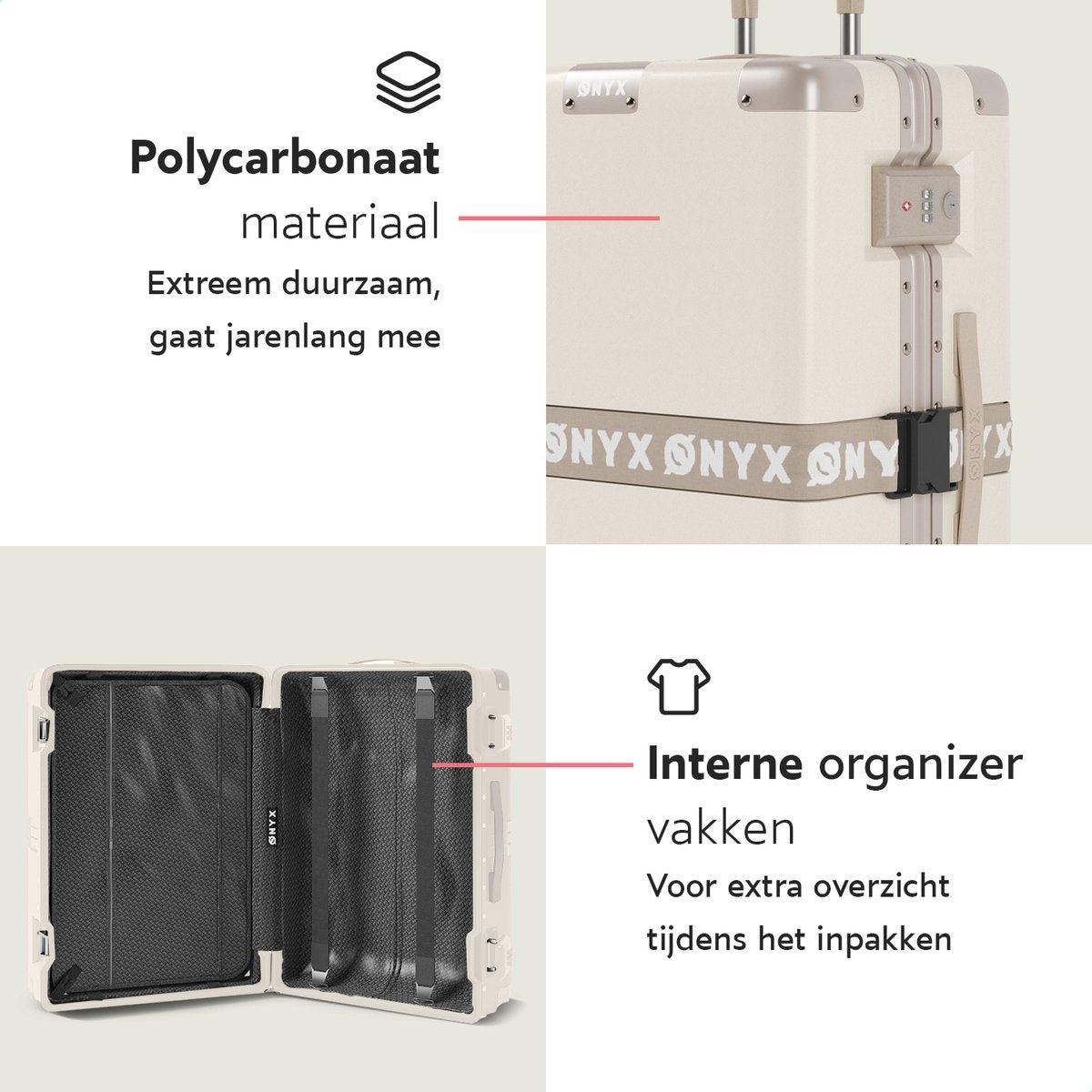 ONYX® - 3-teiliges Kofferset - Handgepäck und Check-in-Koffer - 33L/65L/100 L - TSA-Schloss - Spinner-Räder - leichter Trolley - Aluminium-Verschluss - Beige