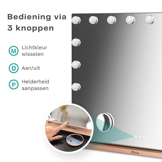 Mirlux Hollywood Mirror 80x60CM - 2 Bluetooth-Lautsprecher - USB & USB-C Ladeanschlüsse - LED-Beleuchtung - Schminkspiegel - 10x Zoom - Aufhängbar - Rose Gold