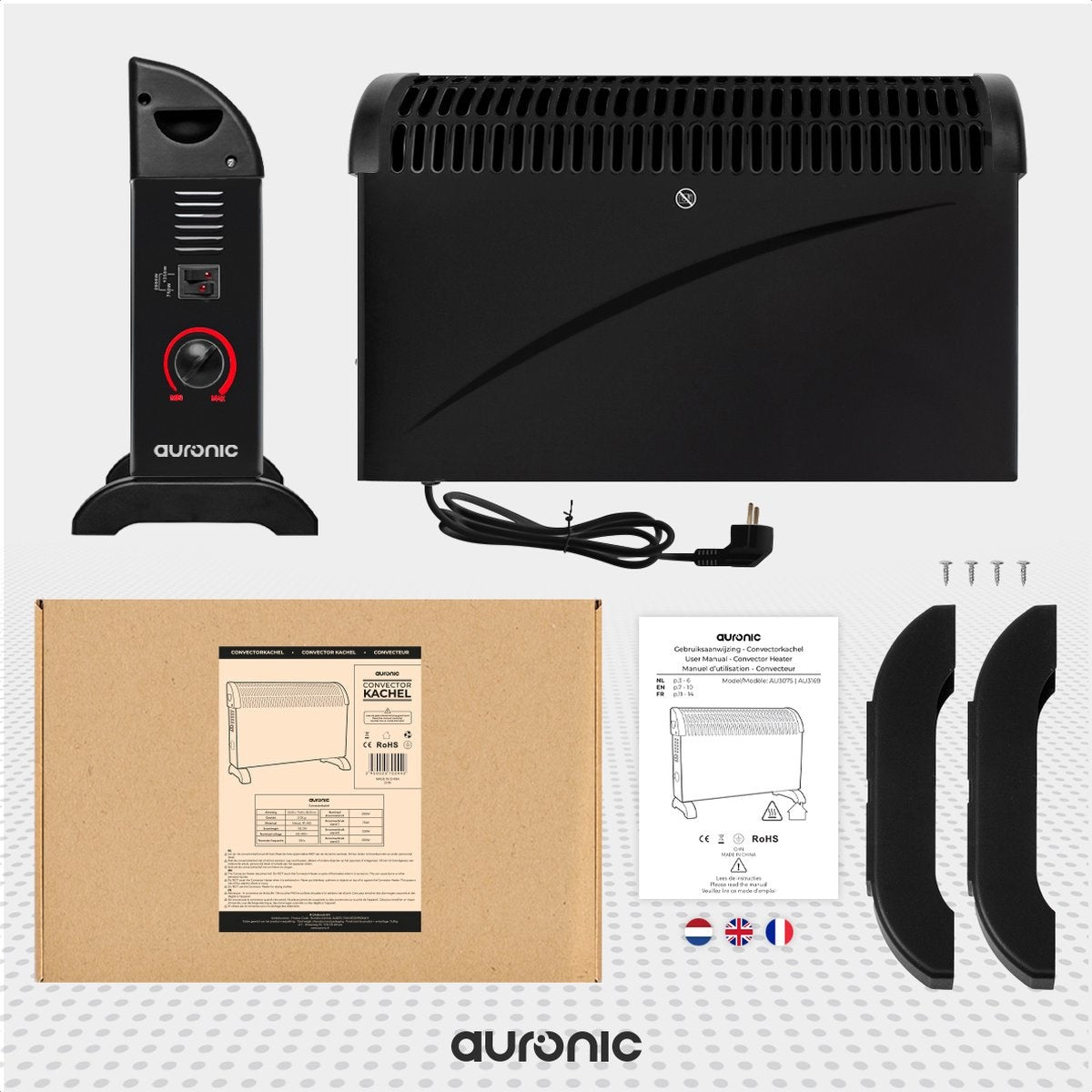 Auronic Elektrokonvektor - 750/1250/2000 Watt - Einstellbarer Thermostat - Schwarz
