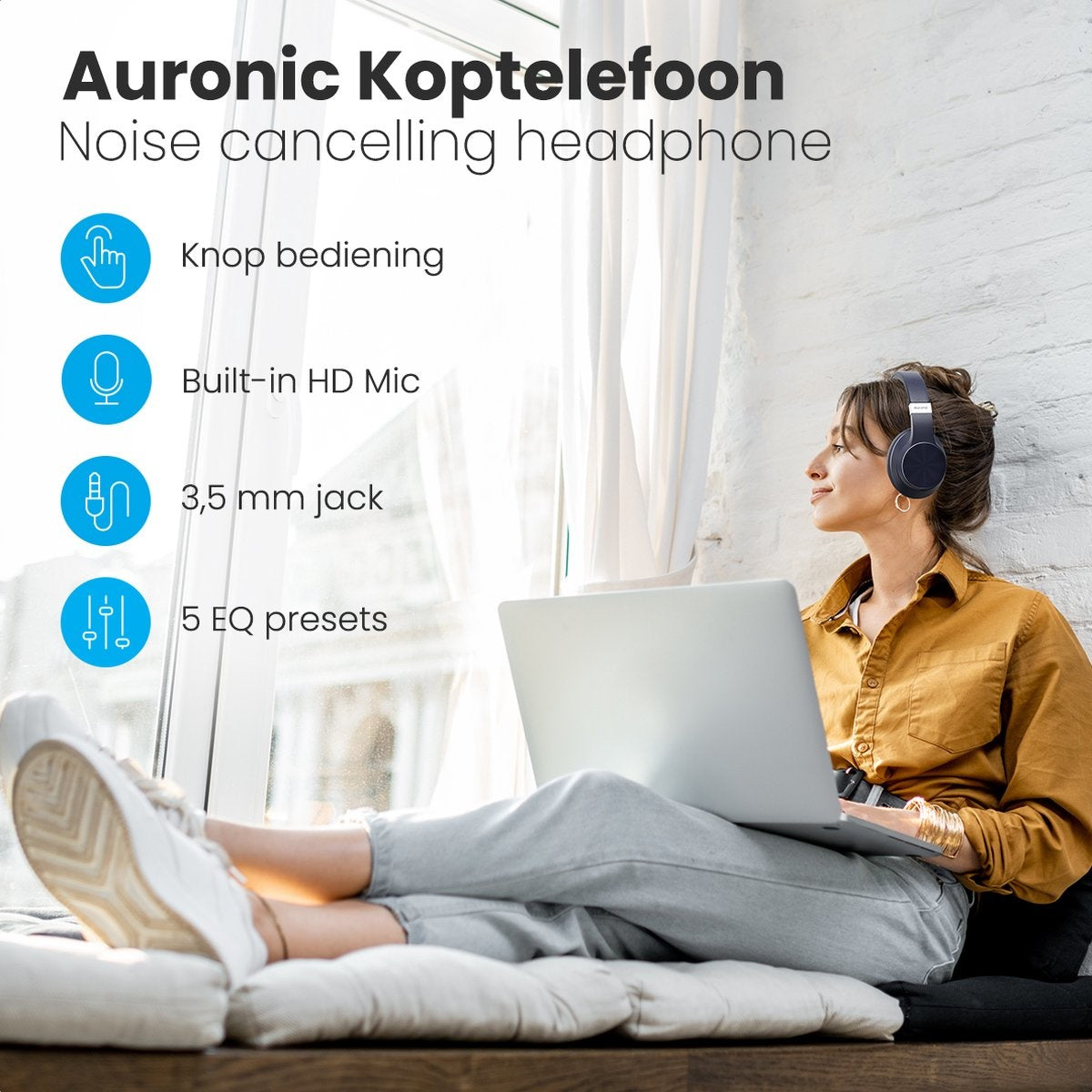 Auronic QuietSound Bluetooth-Kopfhörer kabellos - Over-Ear - aktive Geräuschunterdrückung - Mikrofon - inkl. Tragetasche - Blau