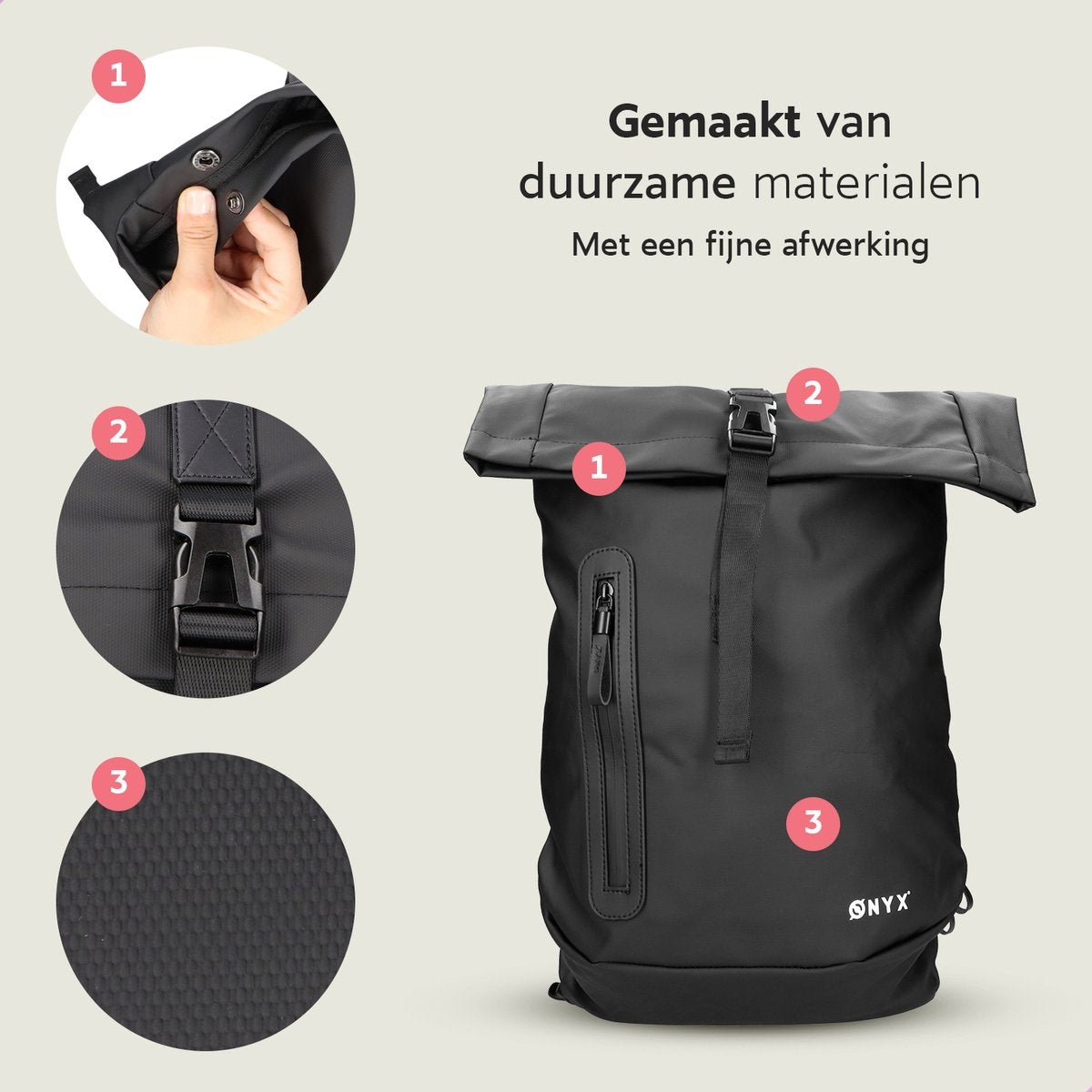 ONYX - Rolltop Rucksack - 25 bis 40 L - Mit Laptopfach - Wasserdicht und strapazierfähig - Schwarz