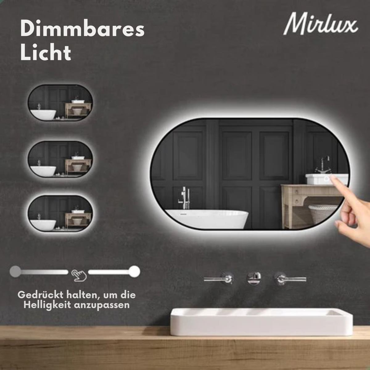 Mirlux Badezimmerspiegel - Mit LED-Beleuchtung & Heizung - Wandspiegel Oval - Anti-Kondensations-Duschspiegel - 90x50CM - Schwarz