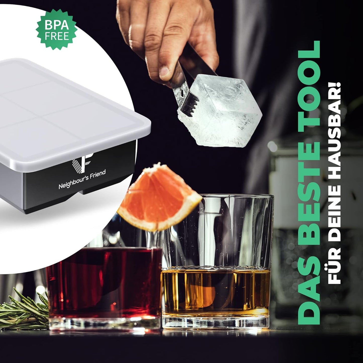 Neighbour's Friend Eiswürfelform groß 2er Pack - 12x XXL Eiswürfel für Cocktails, Whisky & Longdrinks - Platinsilikon Eiswürfelform mit Deckel spülmaschinengeeignet - Rieseneiswürfelform XL