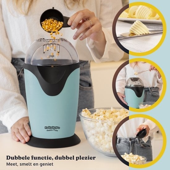 JAP Appliances Happy Pops - Retro-Popcornmaschine (2-3 Personen) 1200W - Inklusive Mess- und Butterschmelzlöffel - Fertig in 3 Minuten - Ã–lfrei - Blau