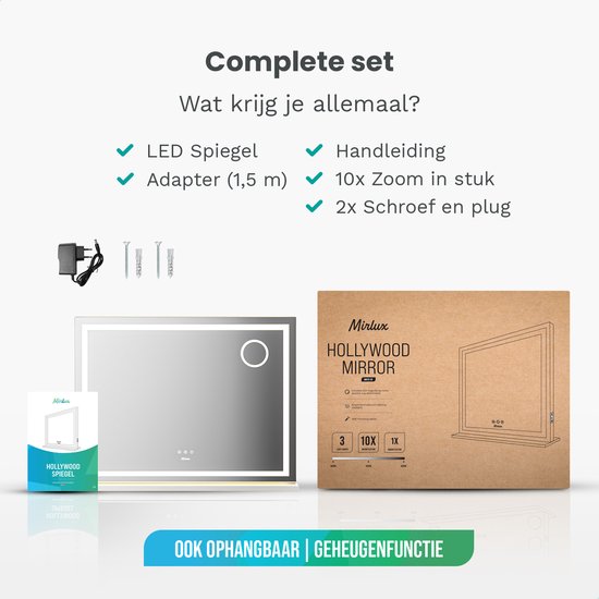 Mirlux Hollywood Mirror - 80x60CM - 2 Bluetooth-Lautsprecher - USB & USB-C Ladeanschlüsse - LED-Beleuchtung - Schminkspiegel - 10x Zoom - Aufhängbar - Weiß
