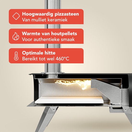 KitchenBrothers Pizzaofen - Holzbefeuert - Tischplatte - Mit Schutzhülle - PFAS-frei - Faltbar - Pizzastein - bis zu 460°C Pizzabäcker - Komplettset - Pizzaofen für draußen - Schwarz/RVS