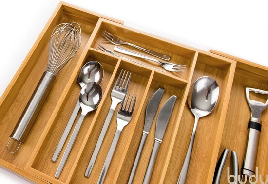 Budu Extendable Bamboo Cutlery Tray #33.5 (33.5 cm tief) - Besteckkassette Holz - Besteckschublade - 33.5 x 28 - 45 cm - 5/7 Fächer
