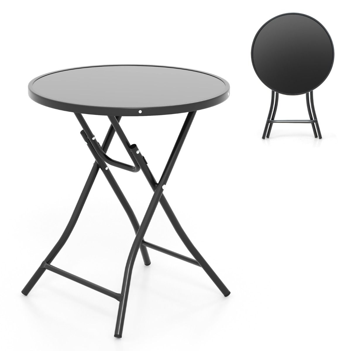 Coast Runder Bistrotisch - Faltbar - 59x67 cm - Terrassen- Mit gehärtetem Glas und Metallgestell - Schwarz