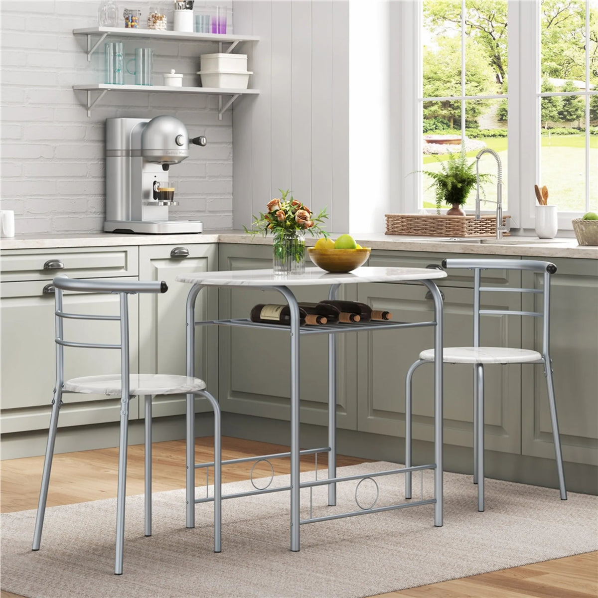 3-teilige Essecke mit Tisch und 2 Stühlen in Holzoptik aus MDF und mit Metallgestell in Weiß, 80 × 53 × 73,5 cm